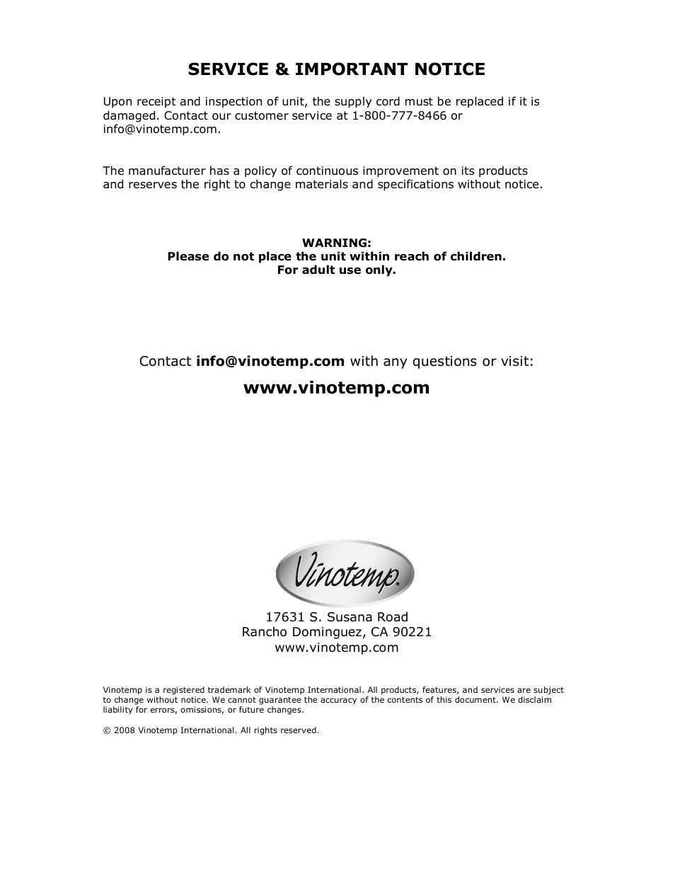 Service & important notice | Vinotemp VT-32BCSB User Manual | Page 12 / 12