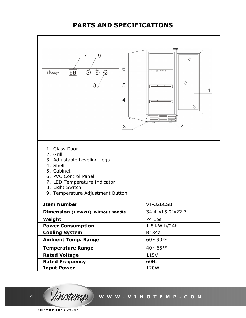 Parts and specifications | Vinotemp VT-32BCSB User Manual | Page 4 / 12