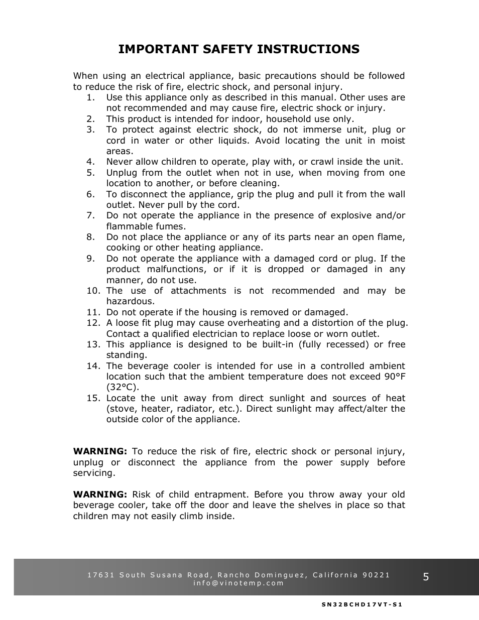 Important safety instructions | Vinotemp VT-32BCSB User Manual | Page 5 / 12