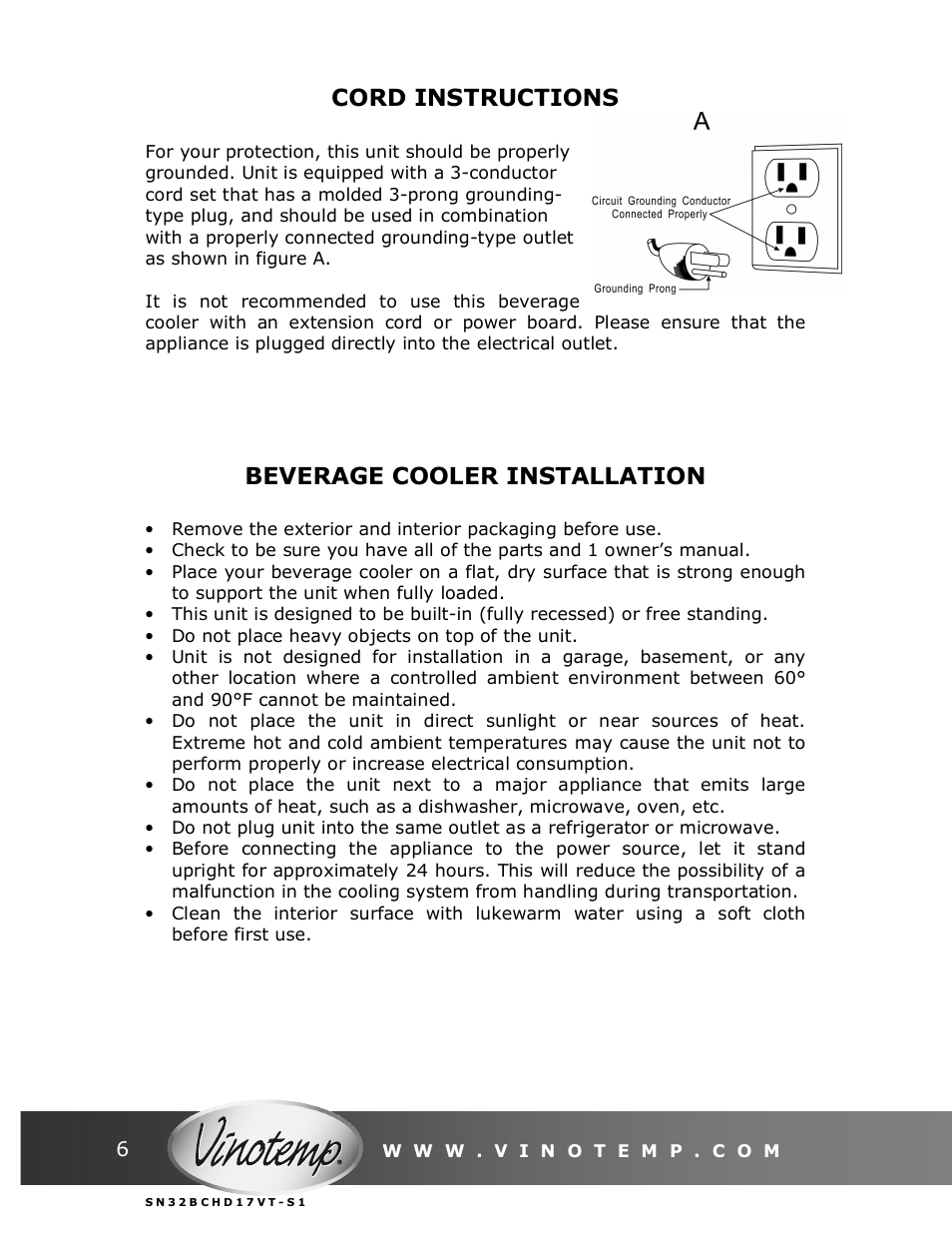 Cord instructions, Beverage cooler installation | Vinotemp VT-32BCSB User Manual | Page 6 / 12