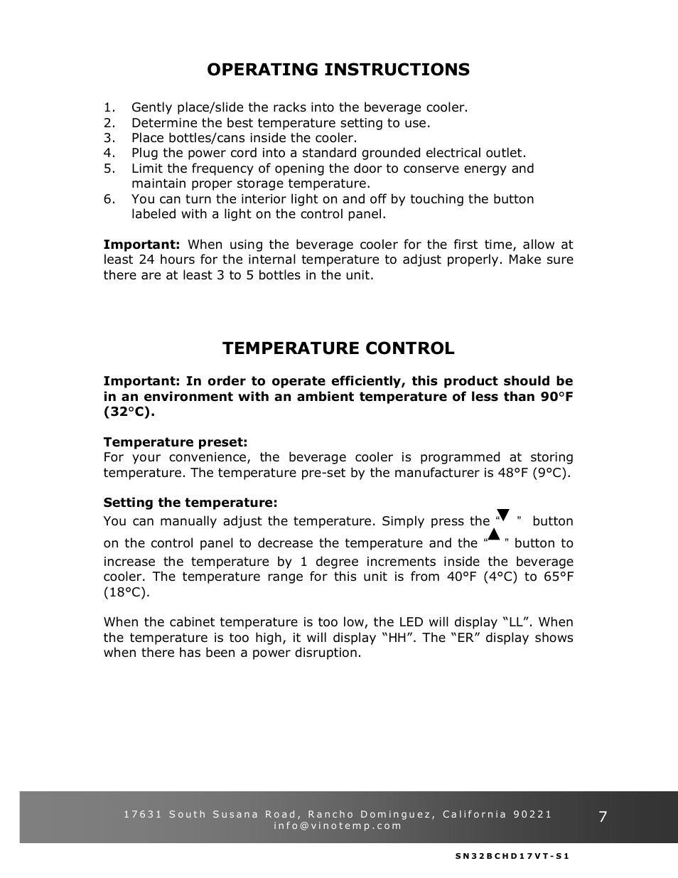 Operating instructions, Temperature control | Vinotemp VT-32BCSB User Manual | Page 7 / 12