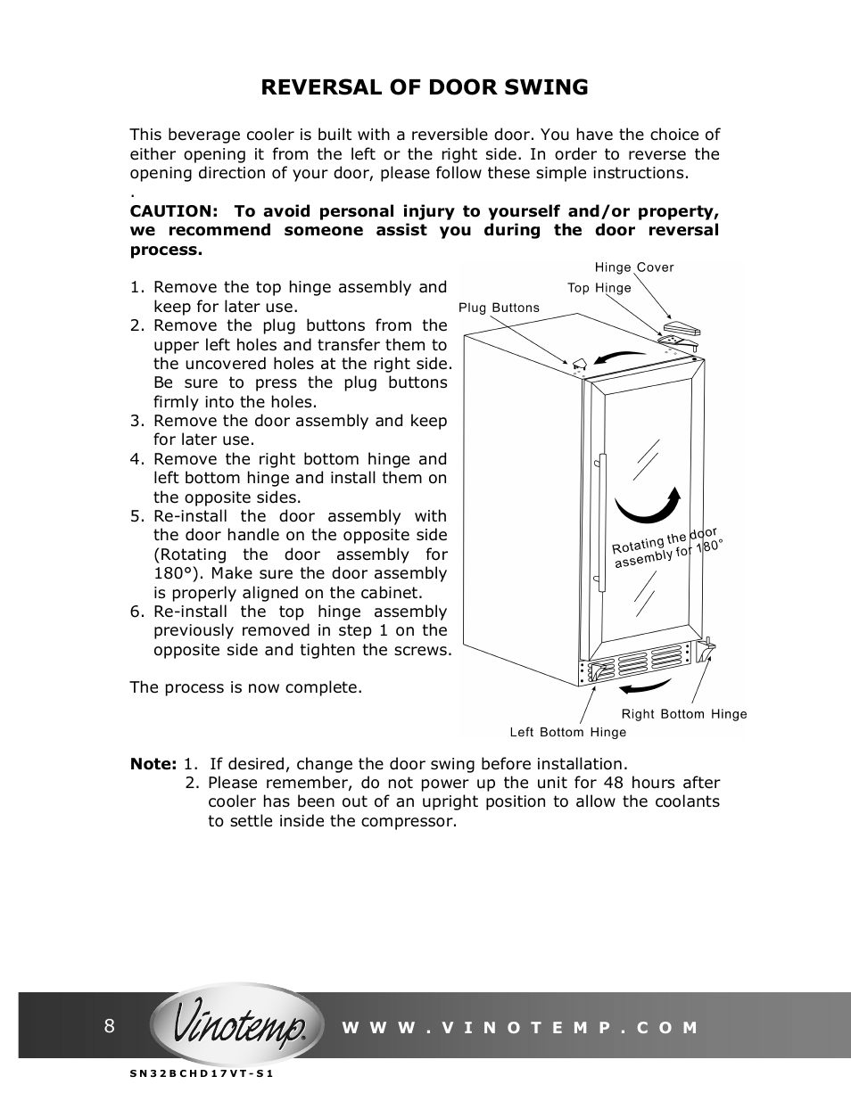 Reversal of door swing | Vinotemp VT-32BCSB User Manual | Page 8 / 12
