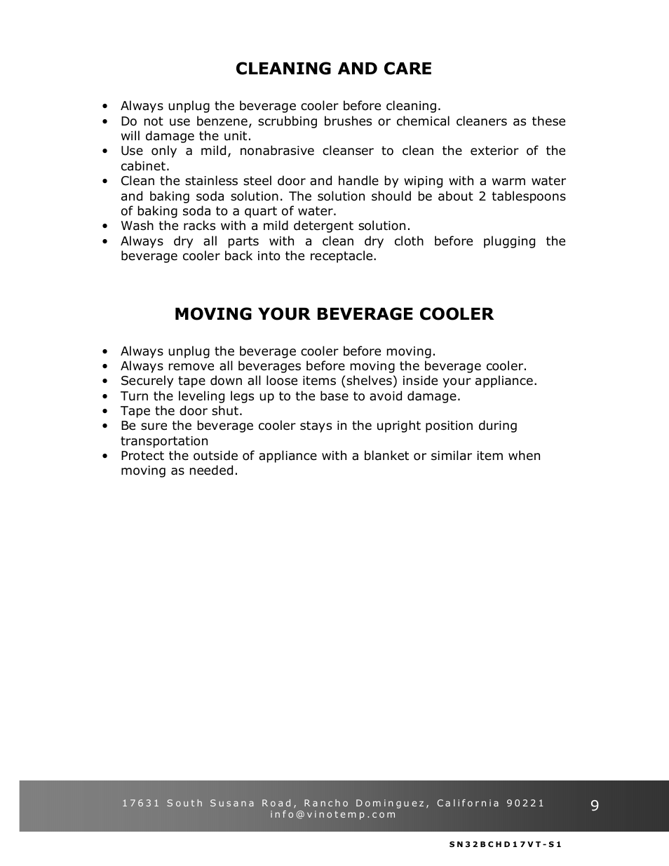 Cleaning and care, Moving your beverage cooler | Vinotemp VT-32BCSB User Manual | Page 9 / 12