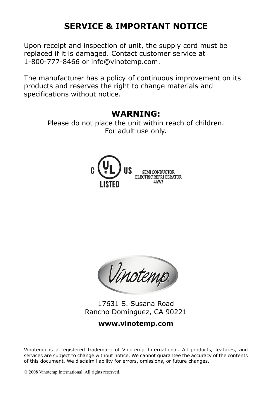 Service & important notice, Warning | Vinotemp VT-18TEDS User Manual | Page 12 / 12