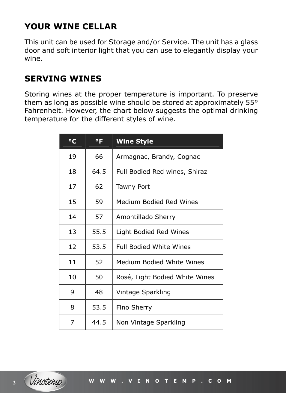 Your wine cellar, Serving wines | Vinotemp VT-18TEDS User Manual | Page 2 / 12