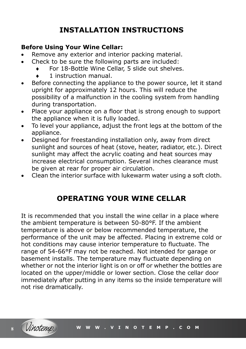 Installation instructions, Operating your wine cellar | Vinotemp VT-18TEDS User Manual | Page 8 / 12