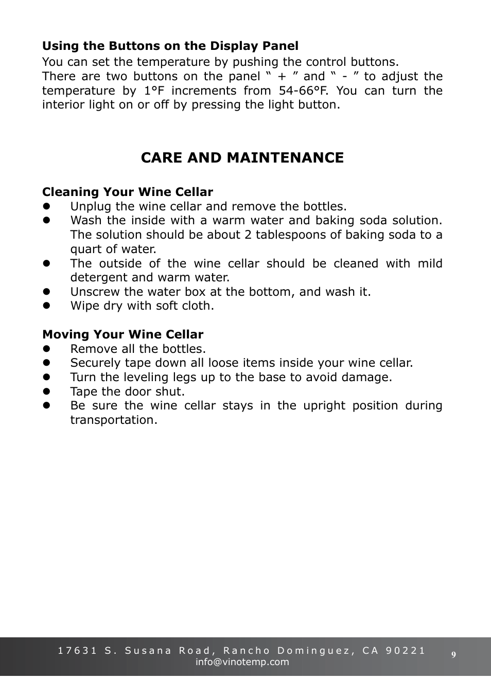 Care and maintenance | Vinotemp VT-18TEDS User Manual | Page 9 / 12