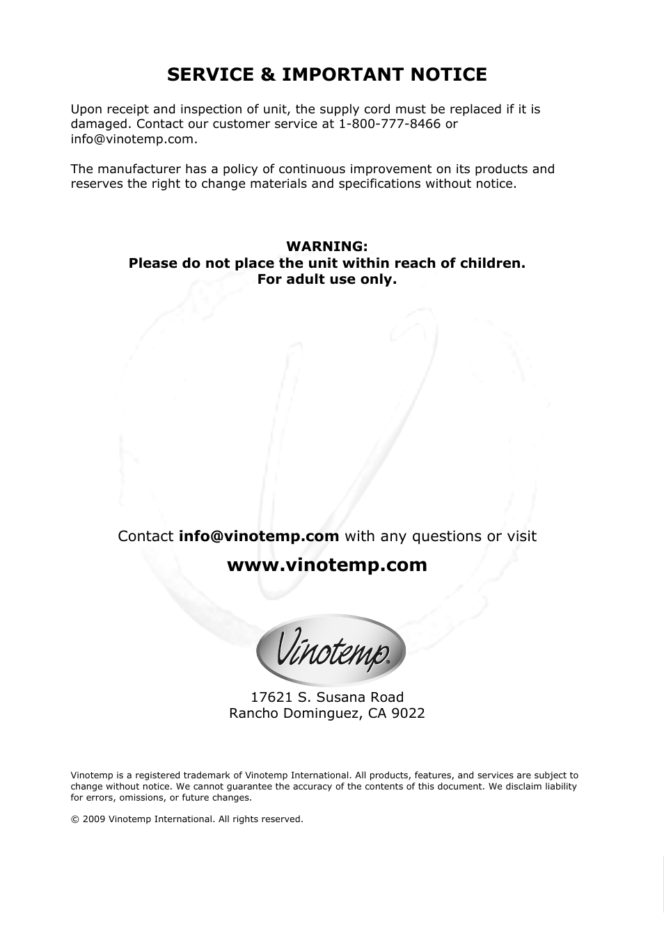 Service & important notice | Vinotemp VT - IMSW User Manual | Page 12 / 12