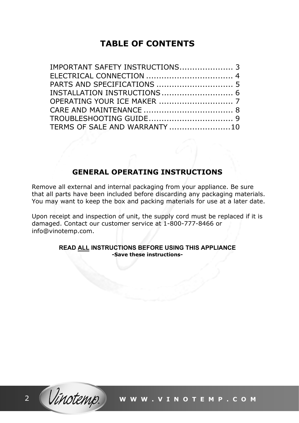 Vinotemp VT - IMSW User Manual | Page 2 / 12