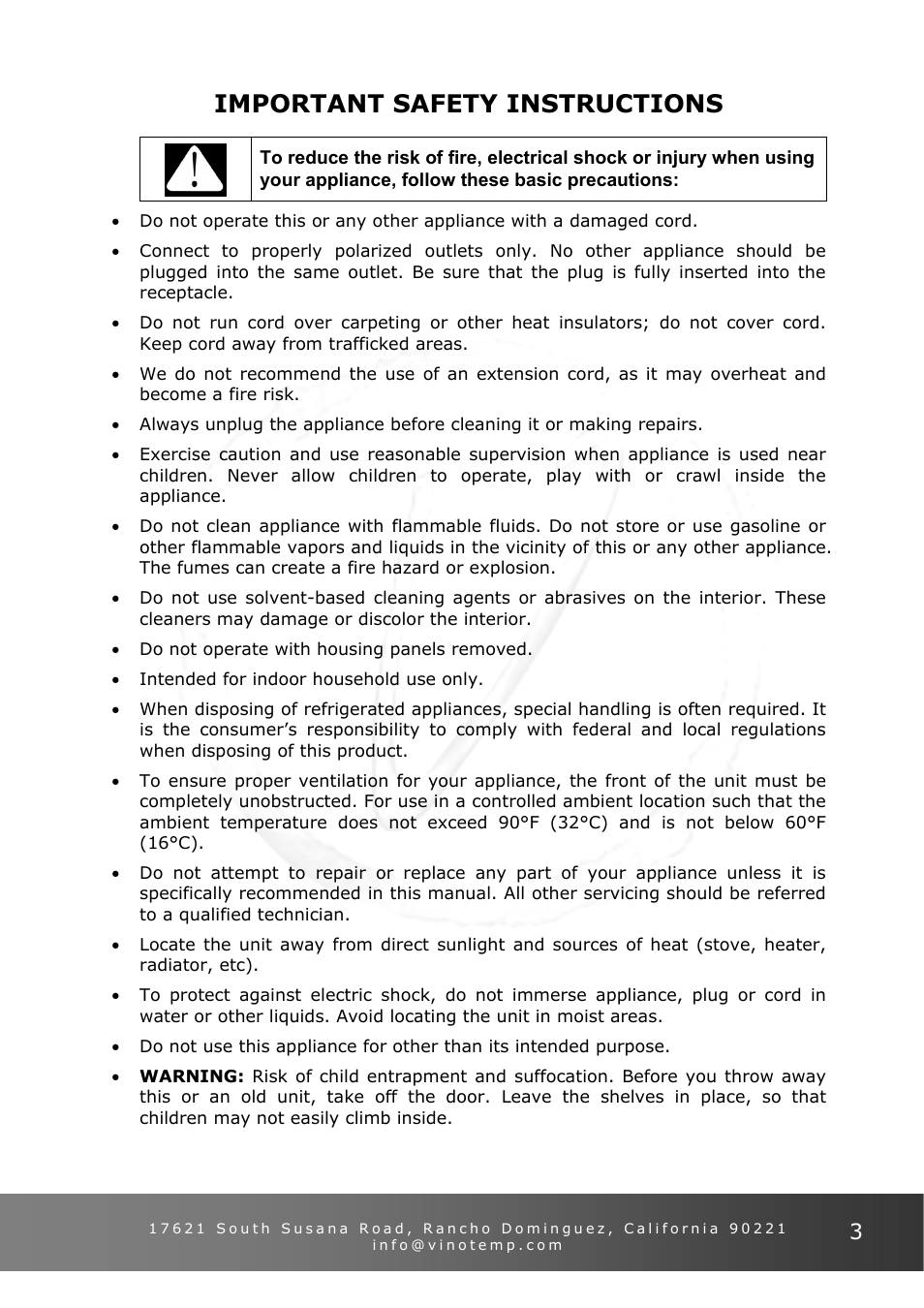 Important safety instructions | Vinotemp VT - IMSW User Manual | Page 3 / 12