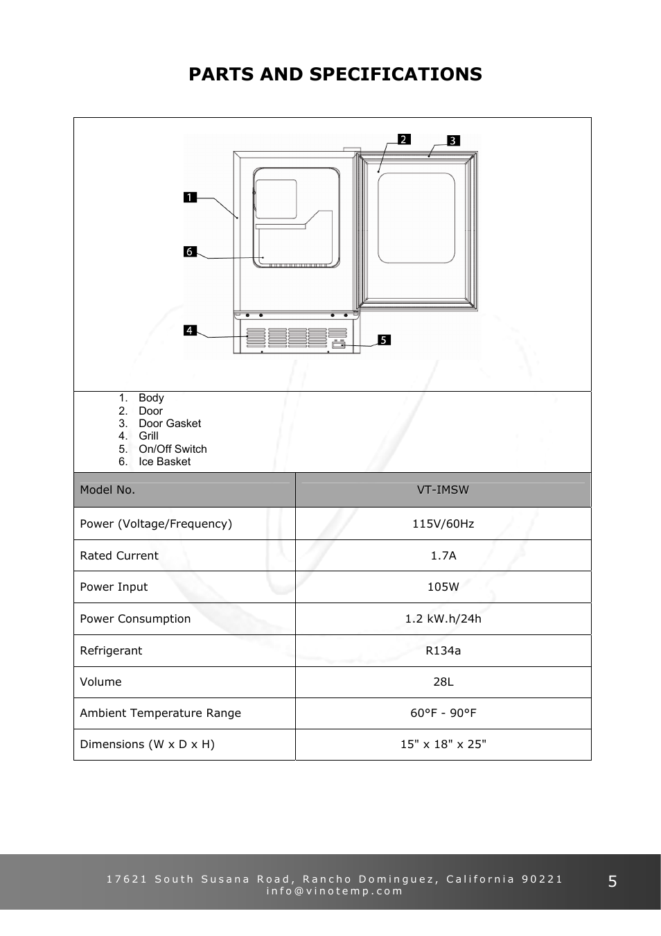 Parts and specifications | Vinotemp VT - IMSW User Manual | Page 5 / 12