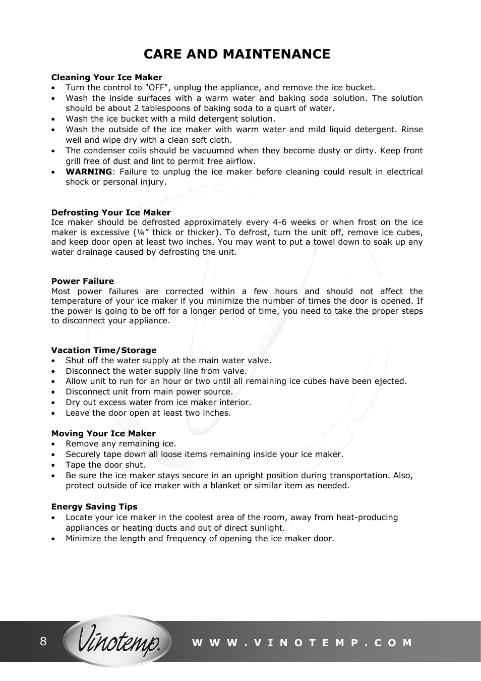 Care and maintenance | Vinotemp VT - IMSW User Manual | Page 8 / 12