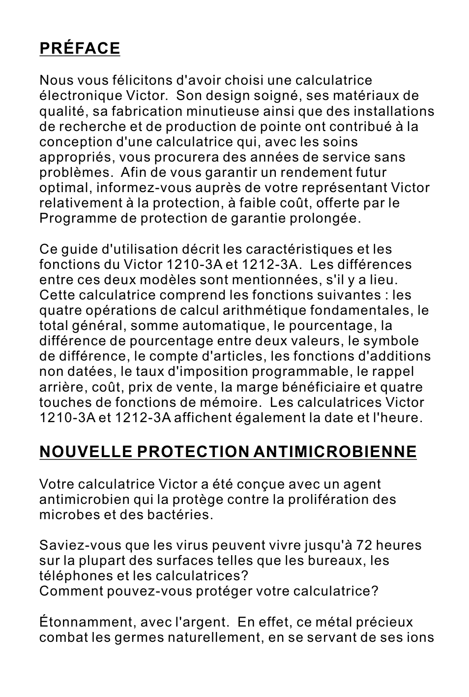页面 11, Préface, Nouvelle protection antimicrobienne | Victor 1210-3A User Manual | Page 11 / 38