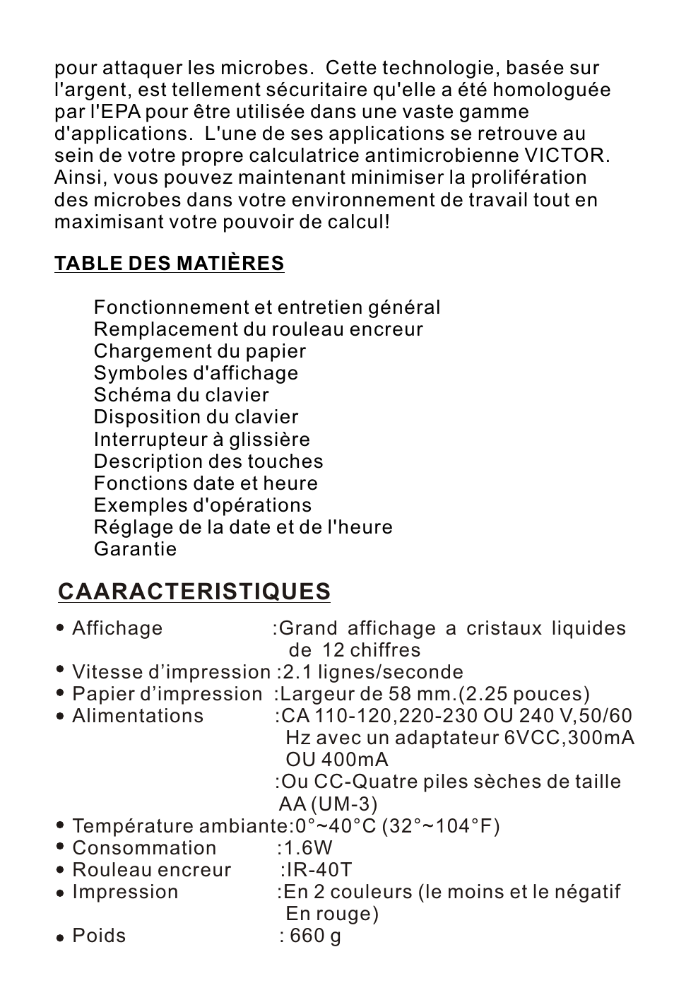 页面 12, Caaracteristiques | Victor 1210-3A User Manual | Page 12 / 38