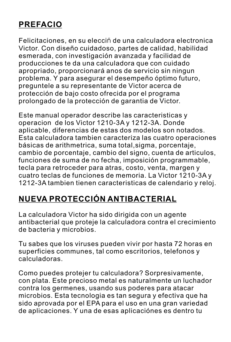 页面 20, Prefacio, Nueva protección antibacterial | Victor 1210-3A User Manual | Page 20 / 38