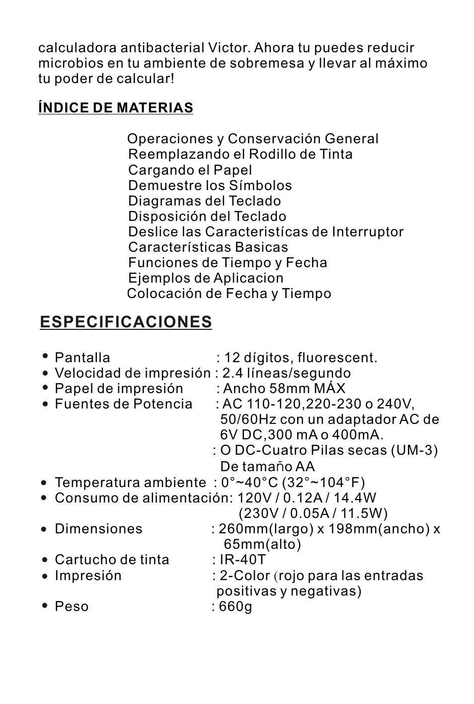 页面 21, Especificaciones | Victor 1210-3A User Manual | Page 21 / 38