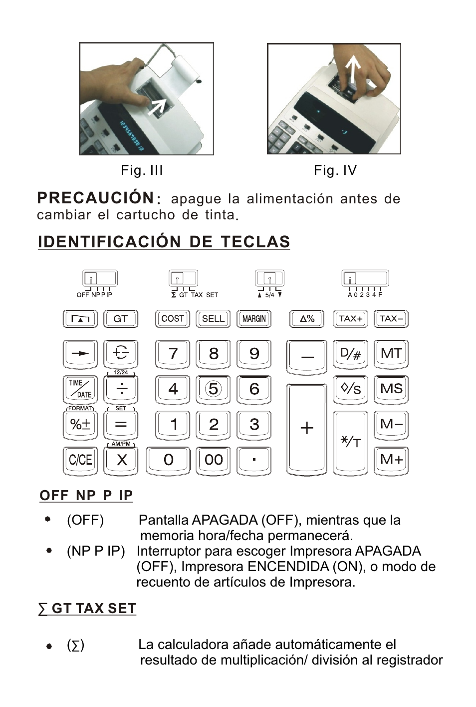 页面 23, Precaución, Identificación de teclas | Victor 1210-3A User Manual | Page 23 / 38