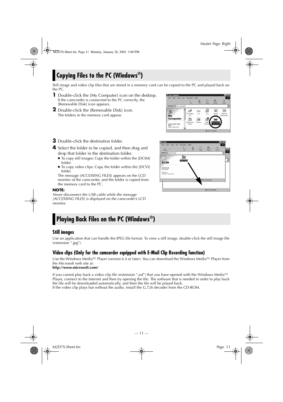Copying files to the pc (windows, Playing back files on the pc (windows | Victor LYT1037-001A User Manual | Page 11 / 16