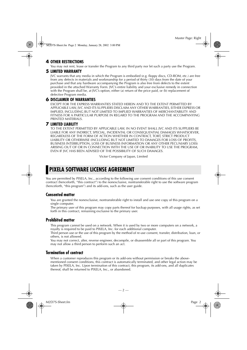 Pixela software license agreement | Victor LYT1037-001A User Manual | Page 2 / 16