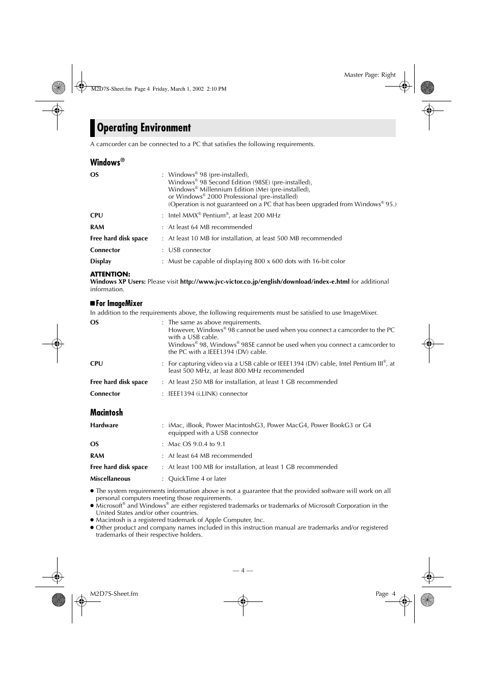Operating environment, Windows, Macintosh | For imagemixer | Victor LYT1037-001A User Manual | Page 4 / 16