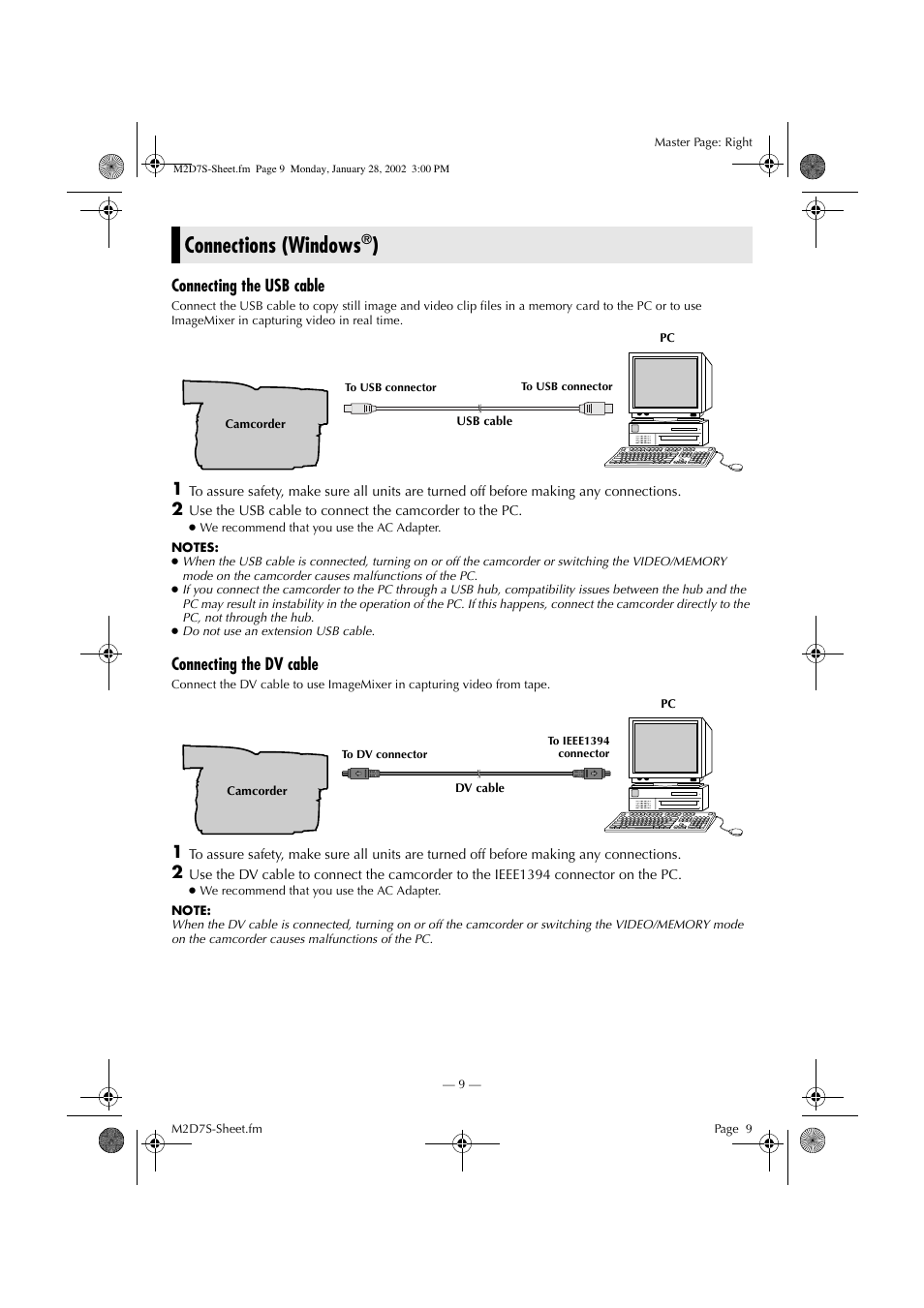 Connections (windows, Connecting the usb cable, Connecting the dv cable | Victor LYT1037-001A User Manual | Page 9 / 16
