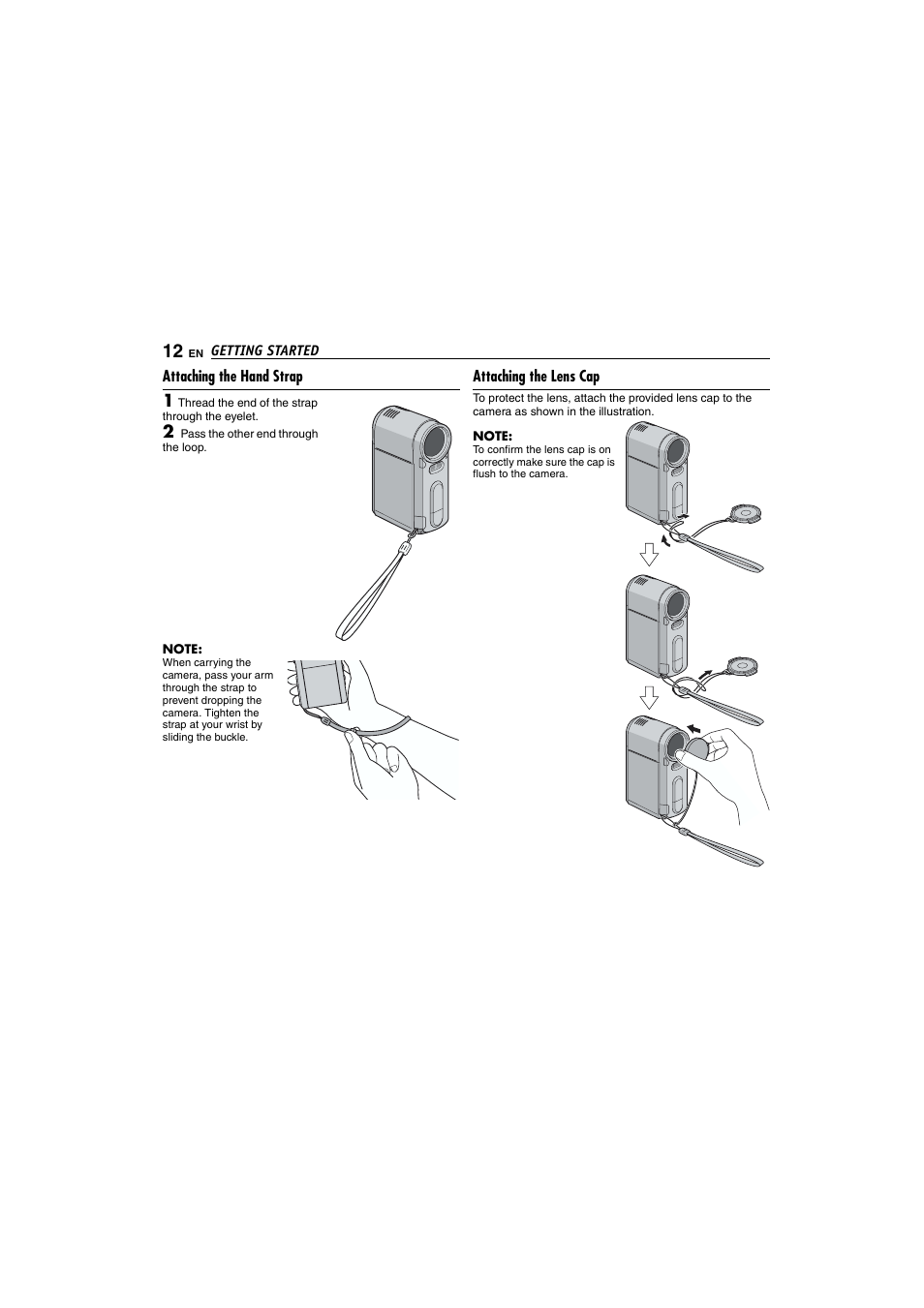 Getting started, Attaching the hand strap / lens cap | Victor GZ-MC100 User Manual | Page 12 / 69