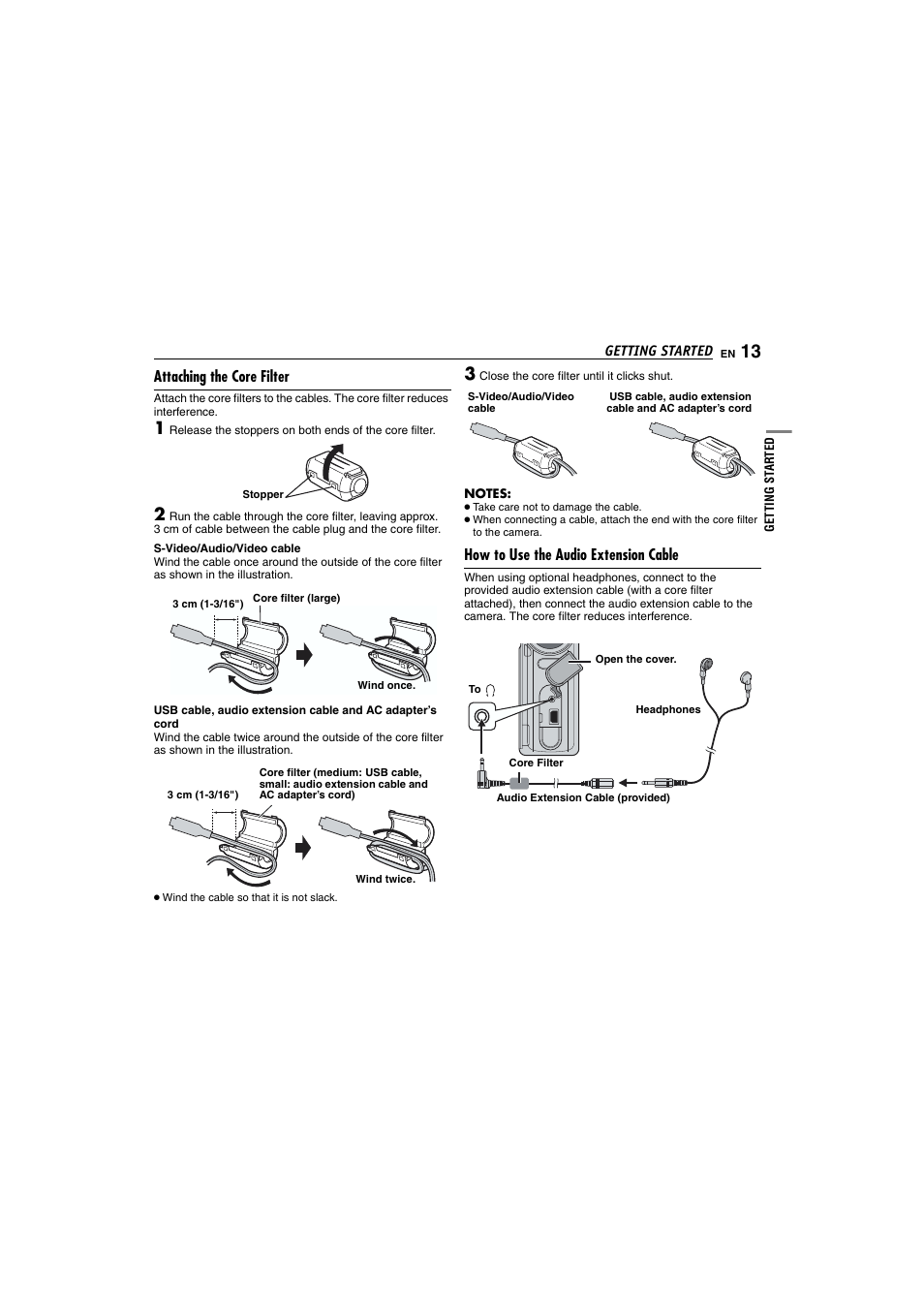 Attaching the ferrite core filter, Audio extension cable | Victor GZ-MC100 User Manual | Page 13 / 69