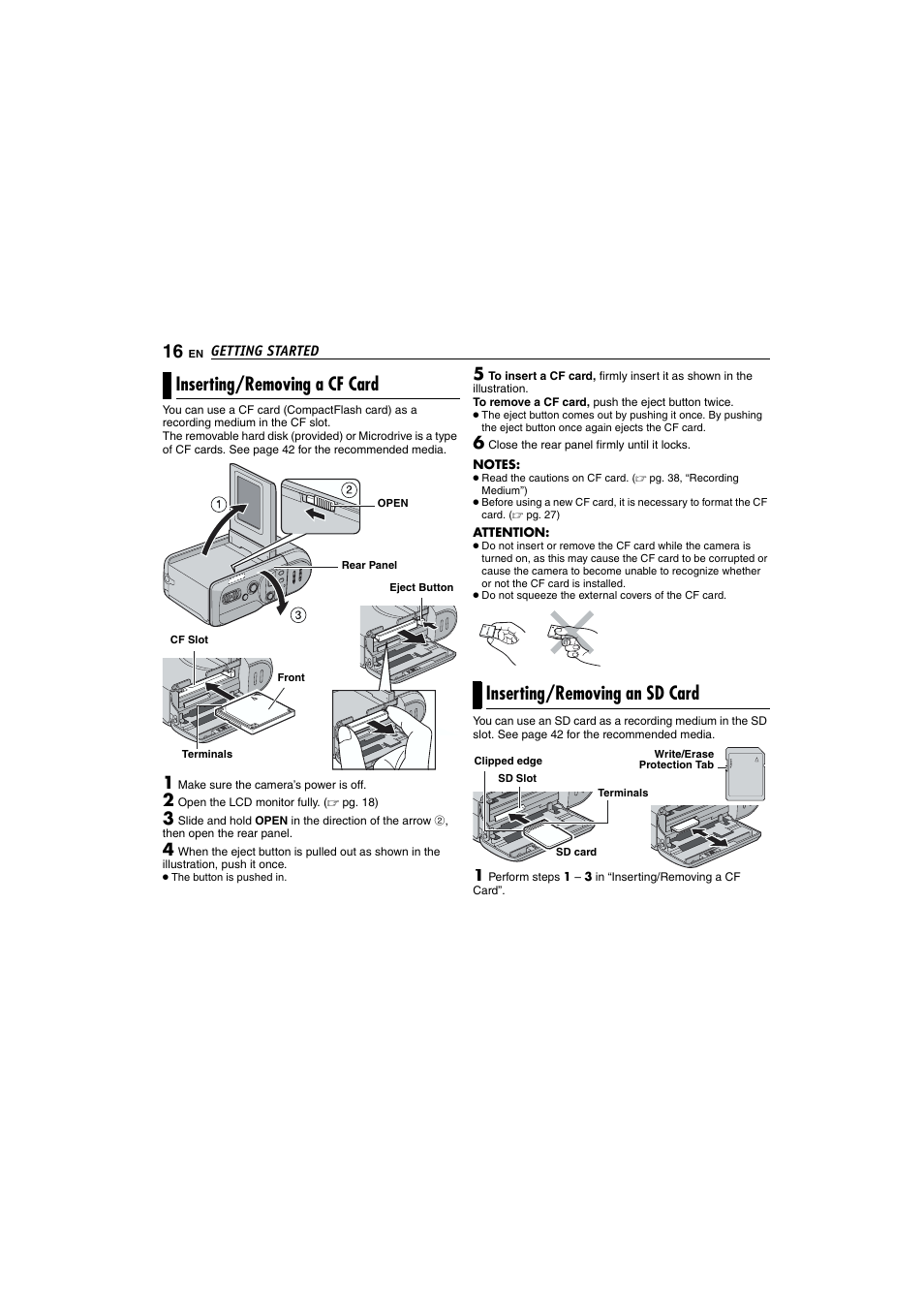 Inserting / removing a cf card, Inserting / removing an sd card, Inserting/removing a cf card | Inserting/removing an sd card | Victor GZ-MC100 User Manual | Page 16 / 69