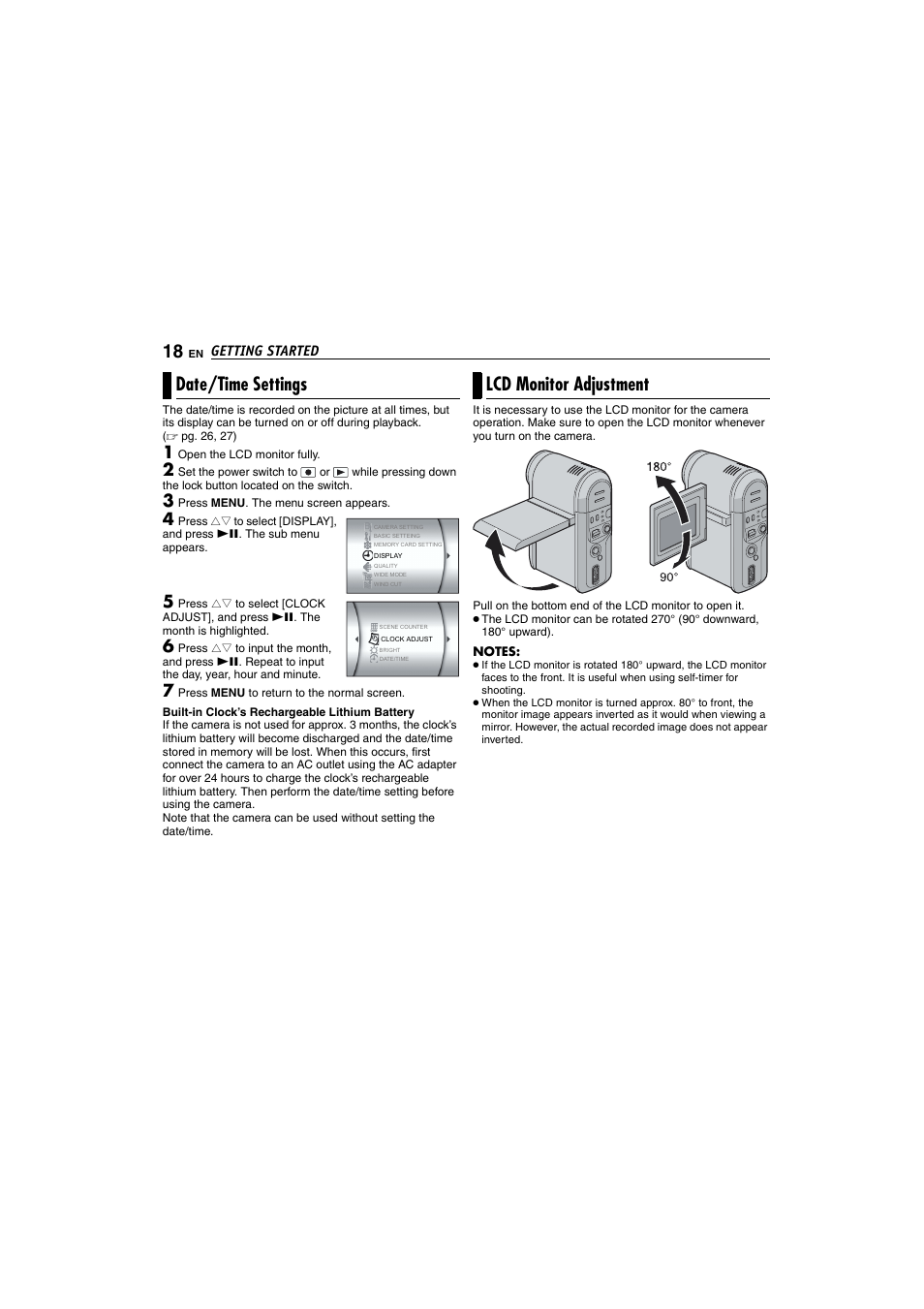 Date / time settings, Adjusting the lcd monitor, Date/time settings | Lcd monitor adjustment | Victor GZ-MC100 User Manual | Page 18 / 69