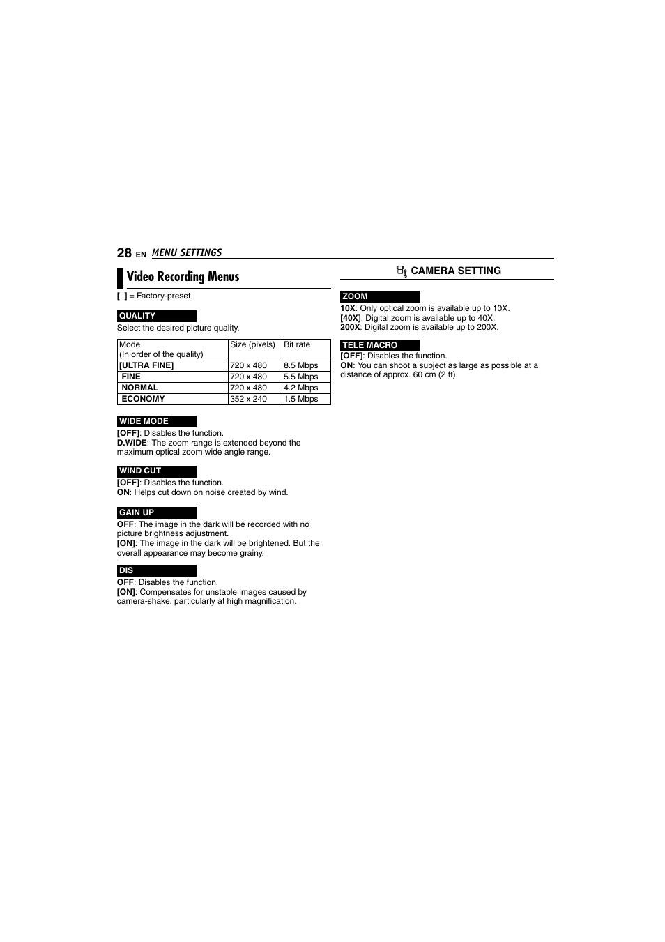 Video recording menus | Victor GZ-MC100 User Manual | Page 28 / 69