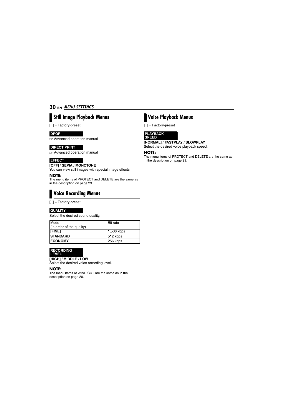 Still image playback menus, Voice recording menus, Voice playback menus | Victor GZ-MC100 User Manual | Page 30 / 69