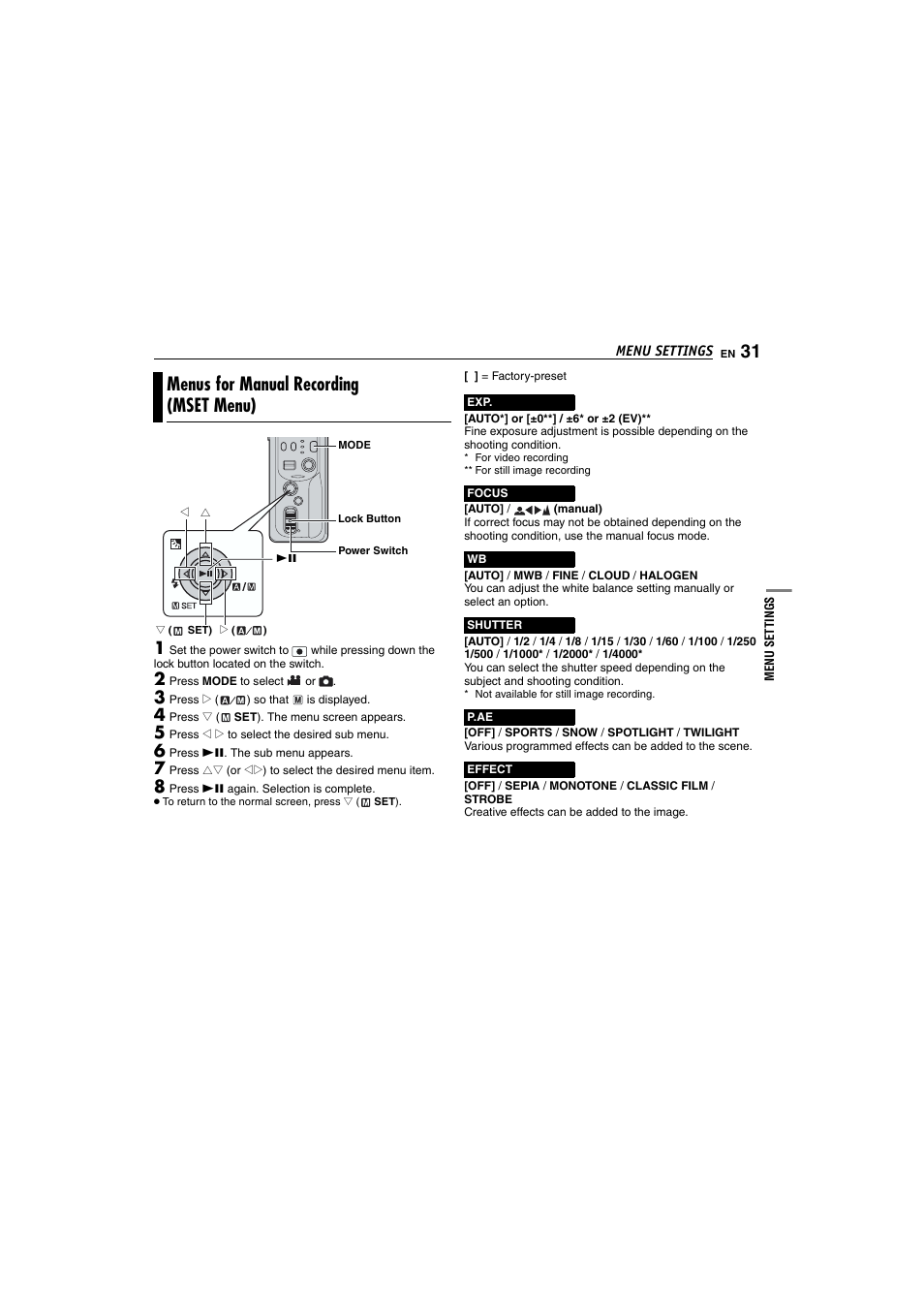Menus for manual recording, Menus for manual recording (mset menu) | Victor GZ-MC100 User Manual | Page 31 / 69