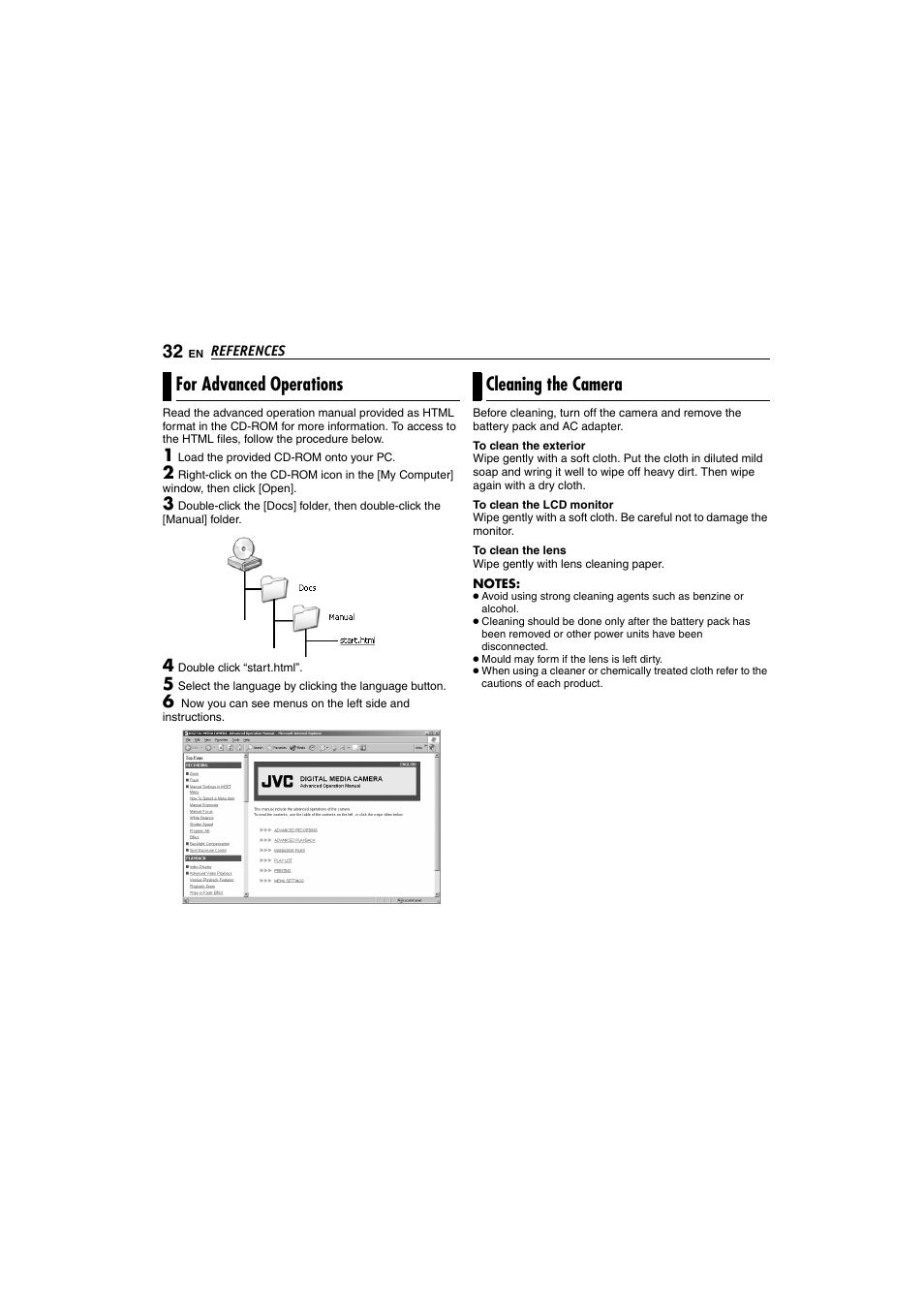 For advanced operations, Cleaning the camera, For advanced operations cleaning the camera | Victor GZ-MC100 User Manual | Page 32 / 69