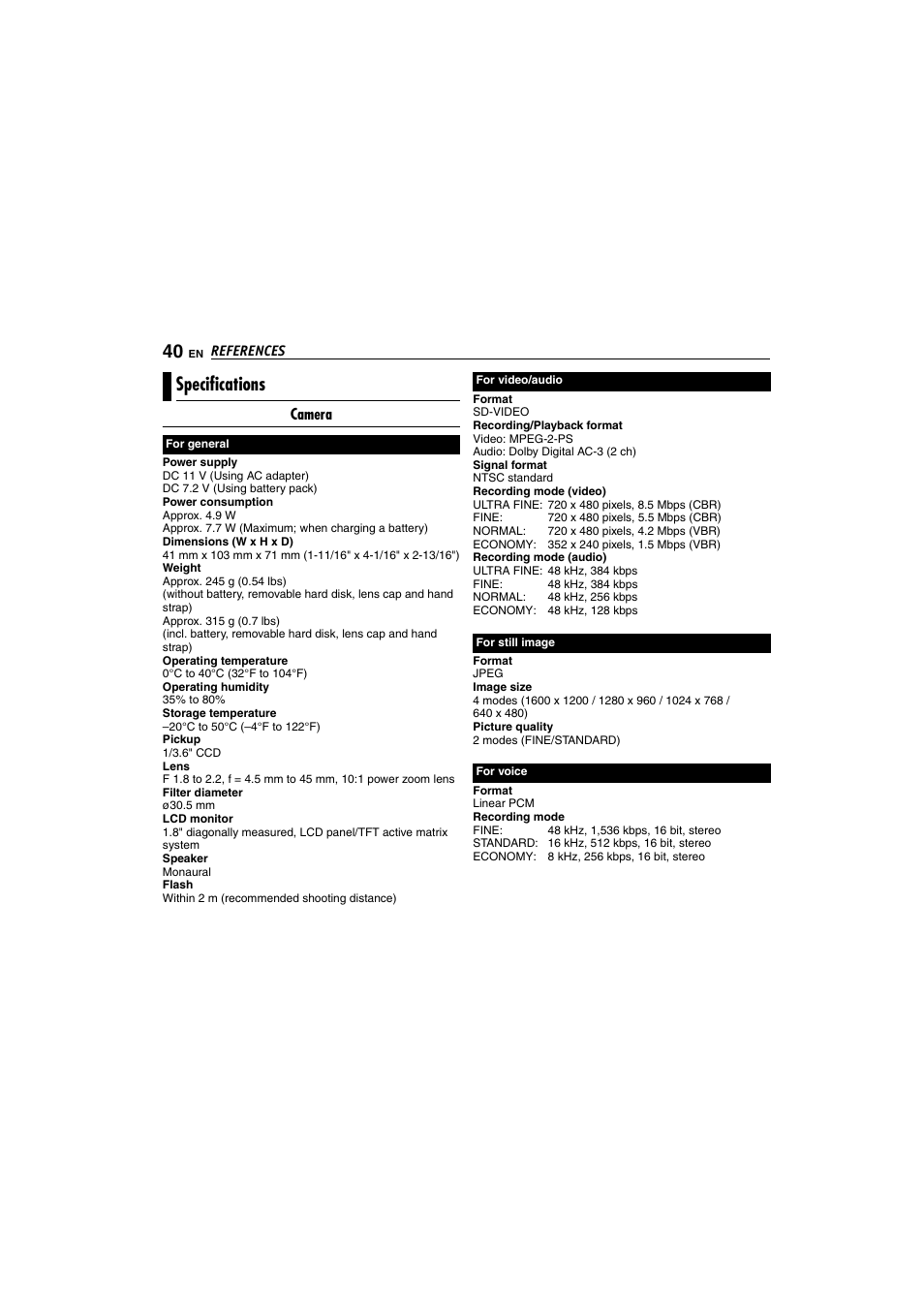 Specs, Specifications | Victor GZ-MC100 User Manual | Page 40 / 69