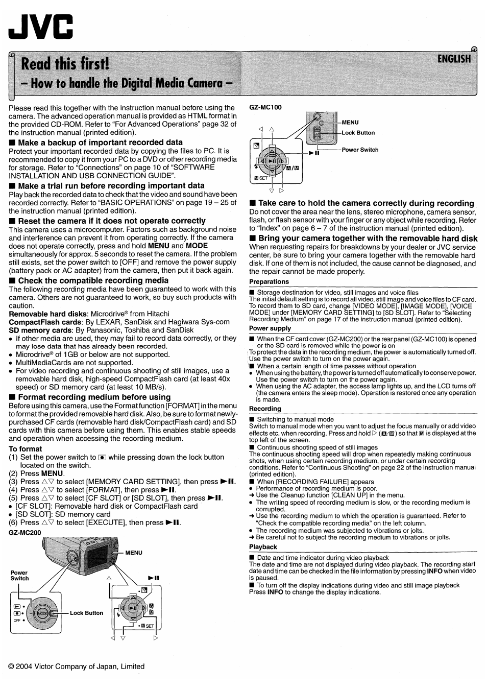 Note - how to handle the camera | Victor GZ-MC100 User Manual | Page 61 / 69