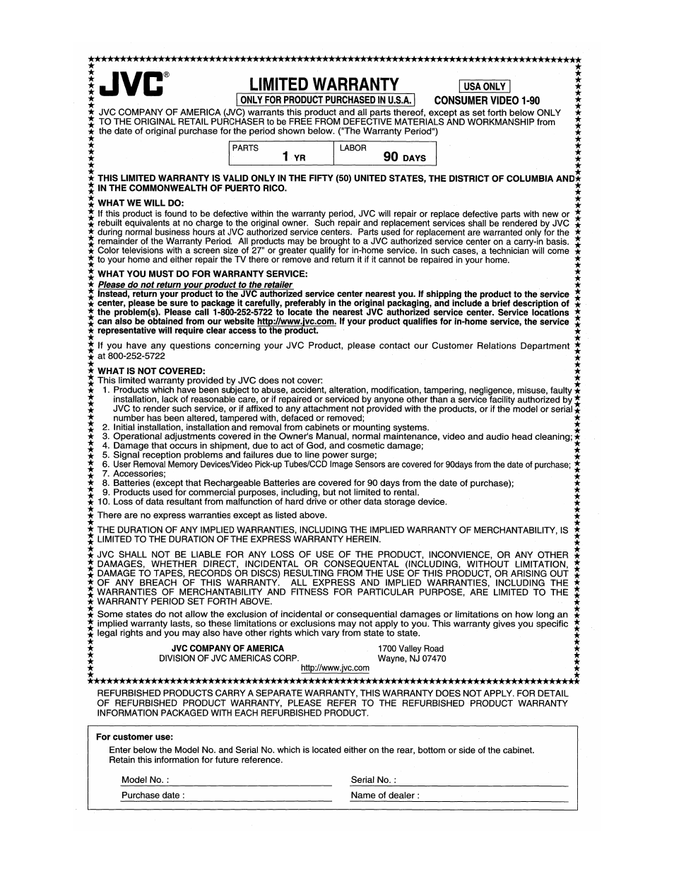 Warranty | Victor GZ-MC100 User Manual | Page 69 / 69