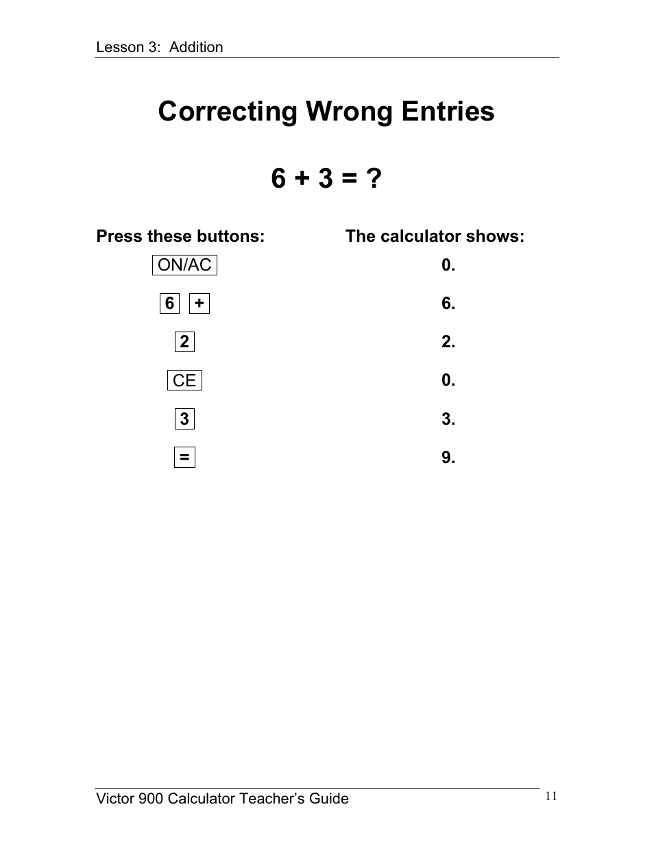 Correcting wrong entries 6 + 3 | Victor 900 User Manual | Page 11 / 62