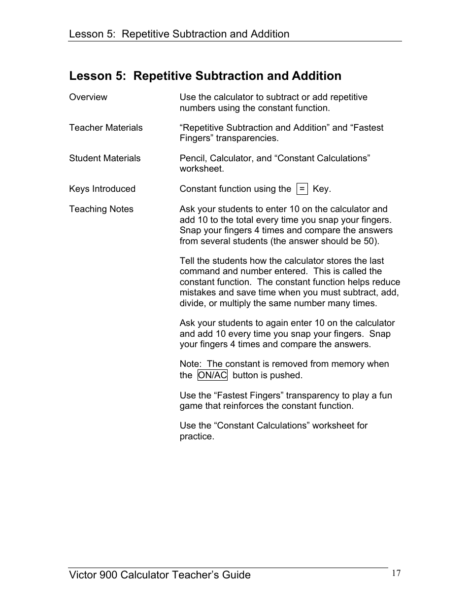 Lesson 5: repetitive subtraction and addition | Victor 900 User Manual | Page 17 / 62