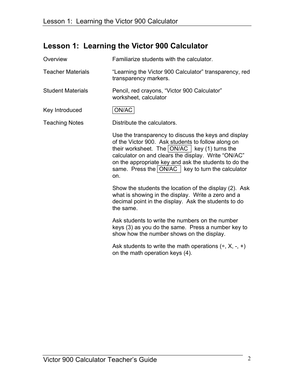 Lesson 1: learning the victor 900 calculator | Victor 900 User Manual | Page 2 / 62