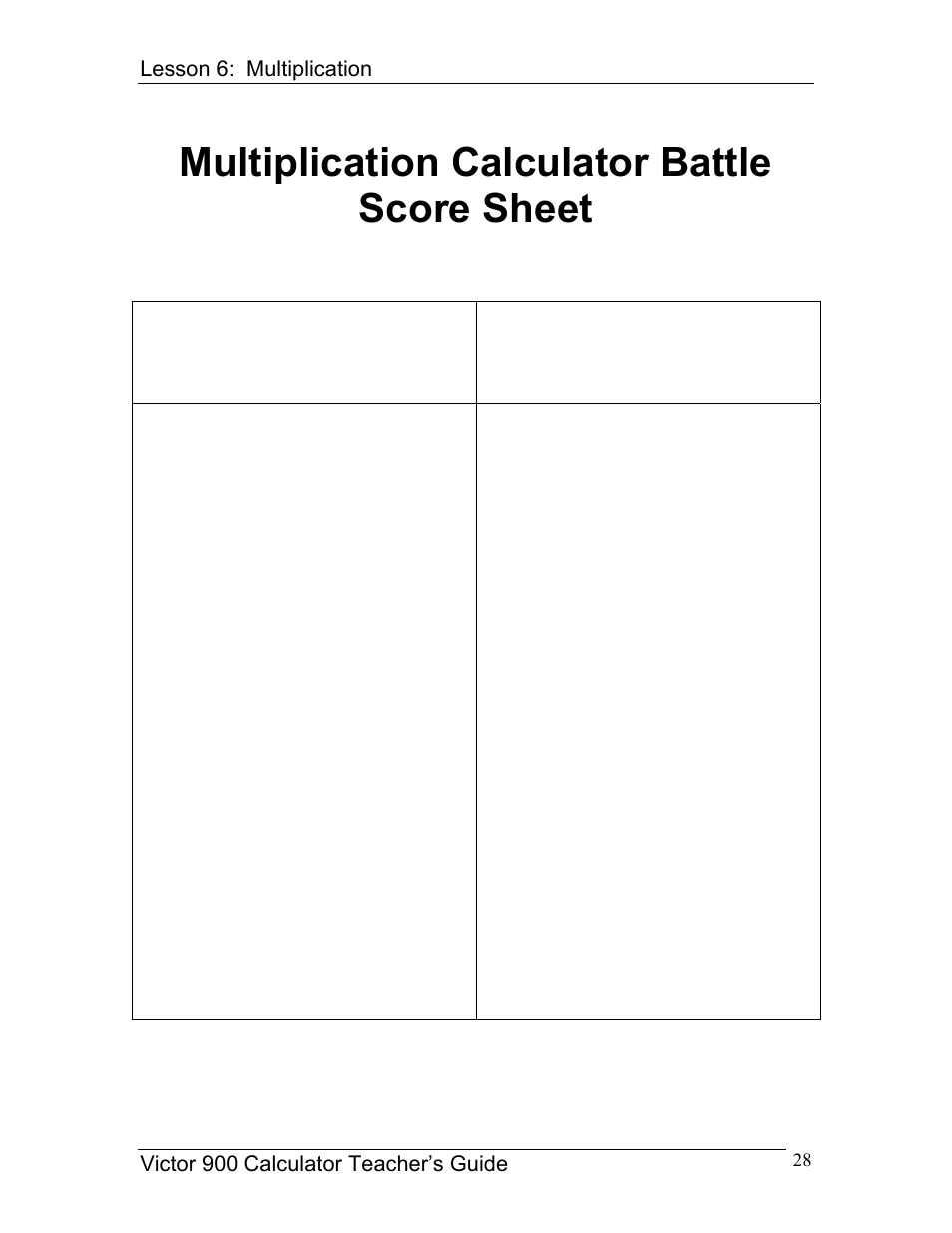Multiplication calculator battle score sheet, Student a name: student b name: hits hits | Victor 900 User Manual | Page 28 / 62