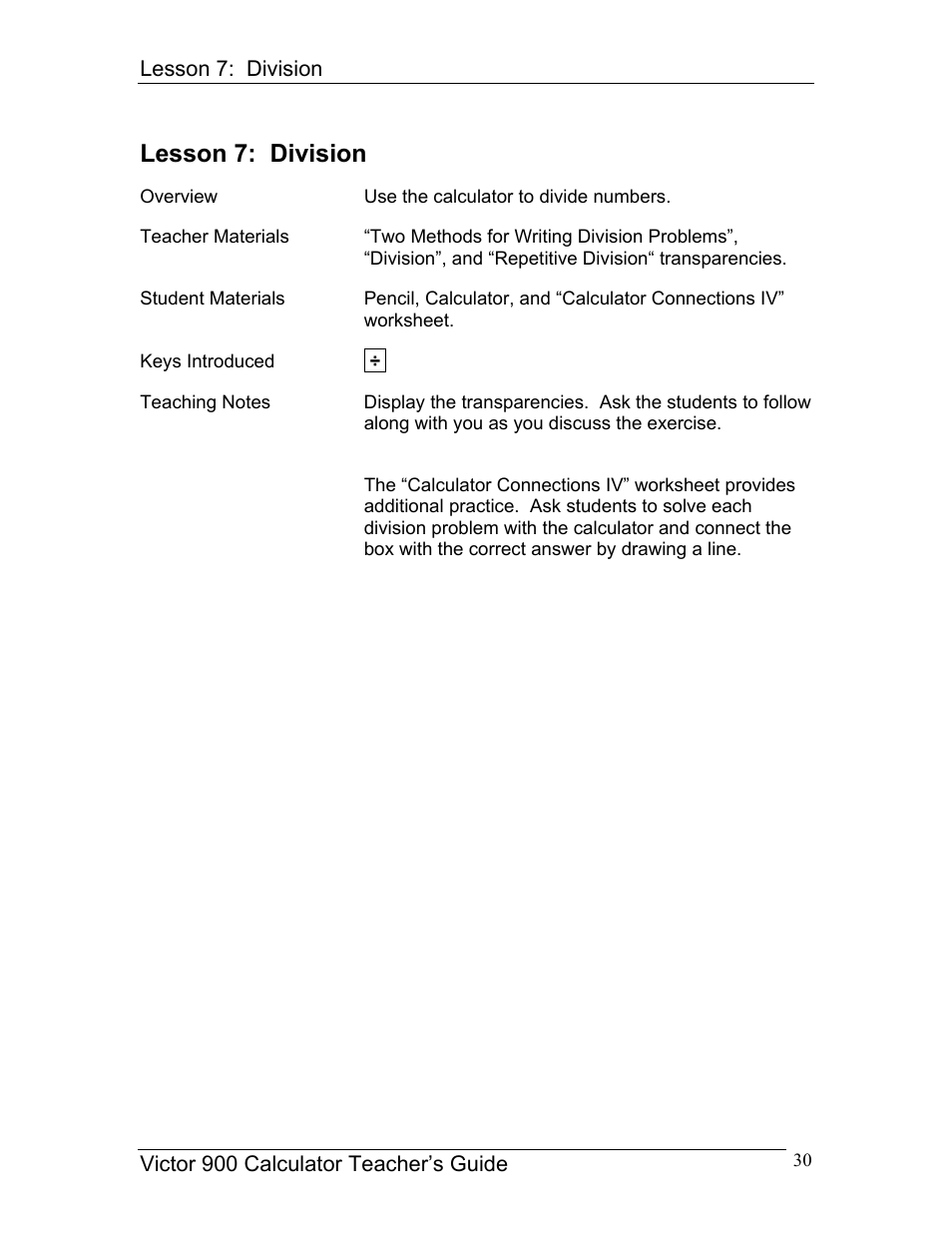 Lesson 7: division | Victor 900 User Manual | Page 30 / 62