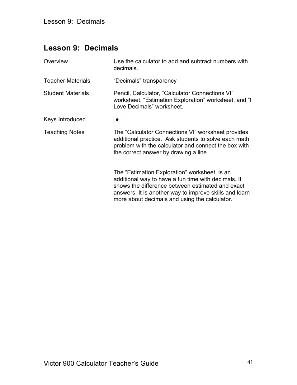 Lesson 9: decimals | Victor 900 User Manual | Page 41 / 62