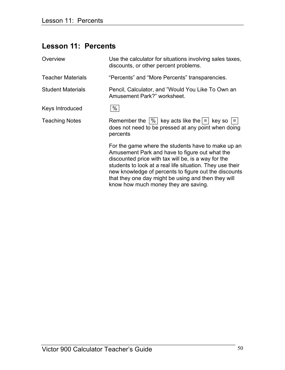 Lesson 11: percents | Victor 900 User Manual | Page 50 / 62