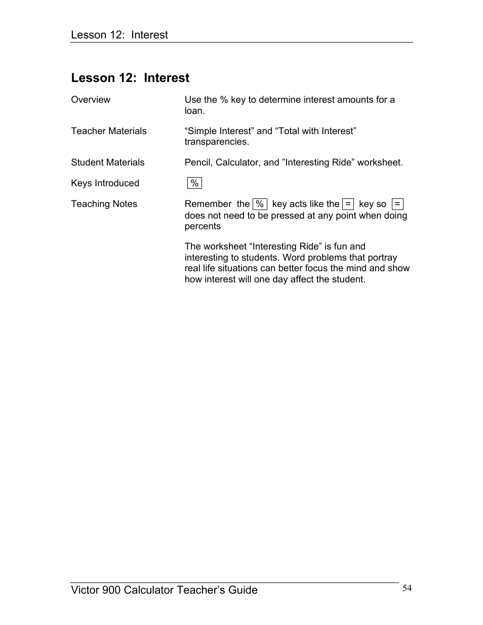 Lesson 12: interest | Victor 900 User Manual | Page 54 / 62