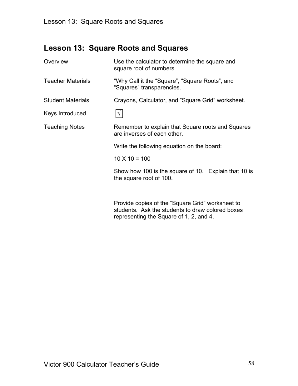 Lesson 13: square roots and squares | Victor 900 User Manual | Page 58 / 62