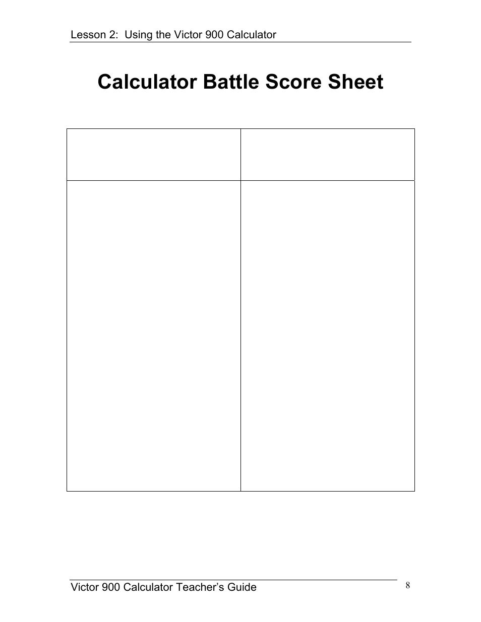 Calculator battle score sheet, Student a name: student b name: hits hits | Victor 900 User Manual | Page 8 / 62