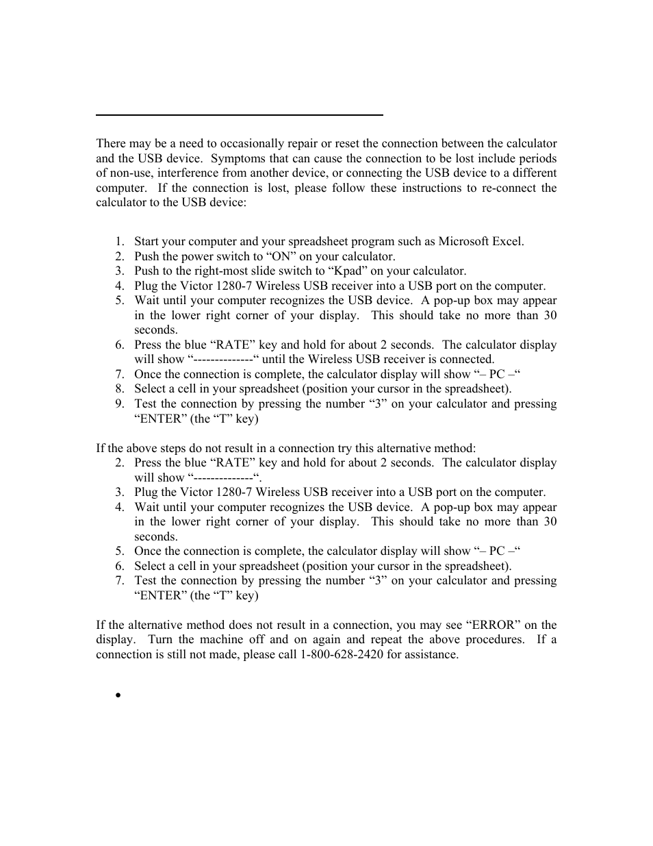 Resetting the wireless usb connection | Victor 1280-7 User Manual | Page 12 / 13