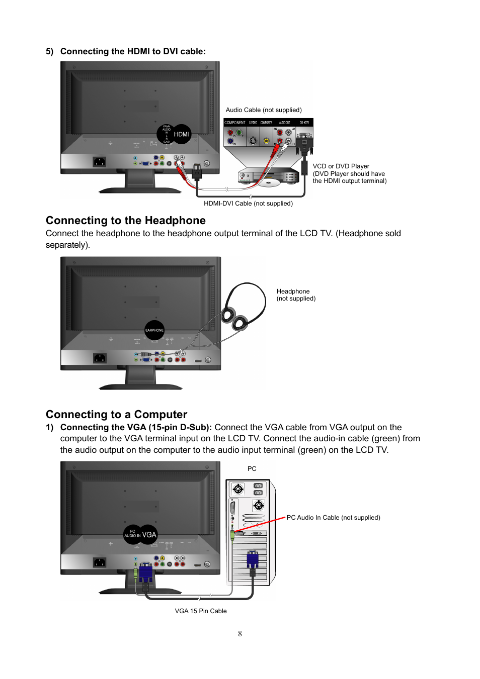 Connecting to the headphone, Connecting to a computer | V7 22" LCD TVs LTV22HD User Manual | Page 11 / 28