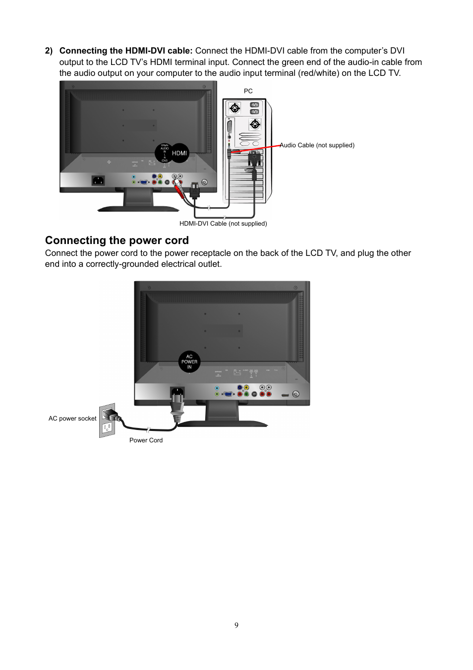 Connecting the power cord | V7 22" LCD TVs LTV22HD User Manual | Page 12 / 28