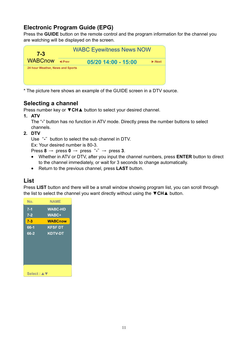 Electronic program guide (epg), Selecting a channel, List | V7 22" LCD TVs LTV22HD User Manual | Page 14 / 28